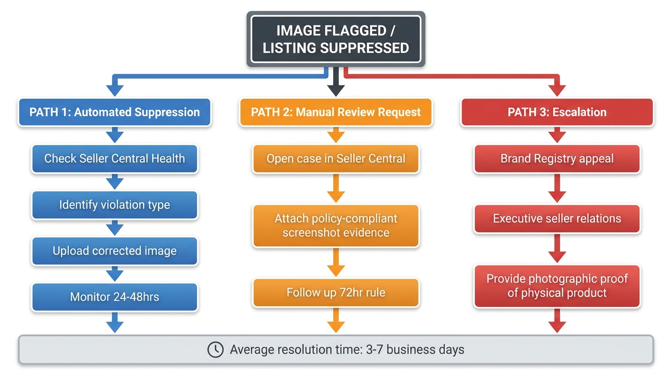Amazon listing suppression recovery flowchart showing three parallel paths: automated suppression, manual review request, and escalation with step-by-step resolution process