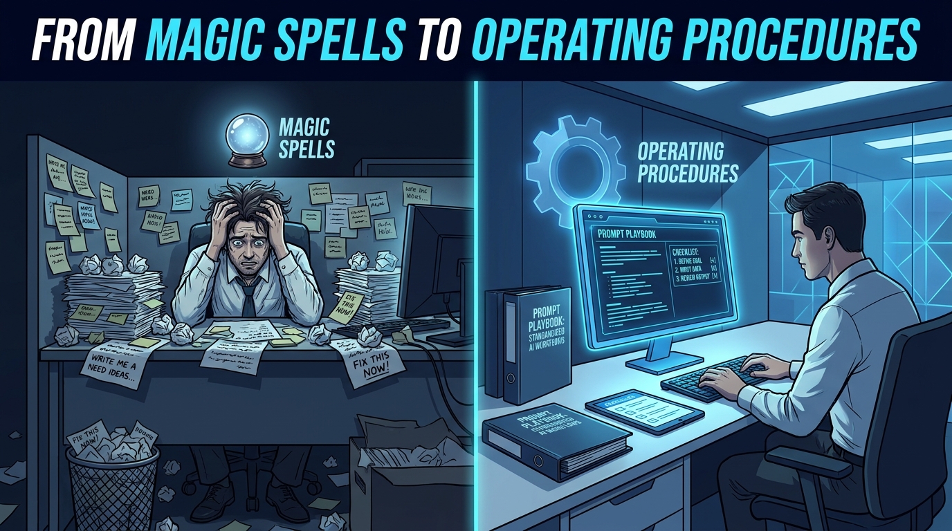 Split-screen showing chaotic ad-hoc prompting vs. a structured Prompt Playbook binder with consistent AI outputs