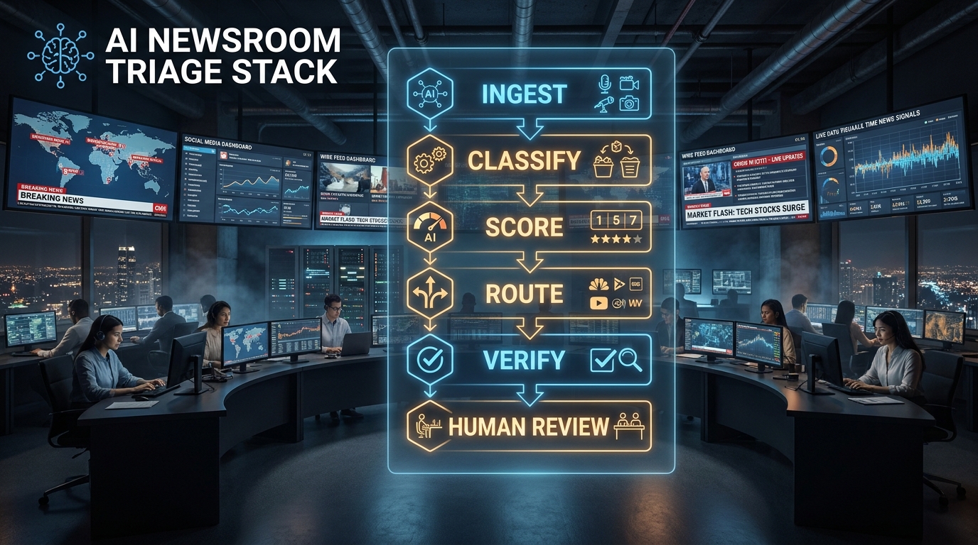 The AI Newsroom Triage Stack — a modern newsroom control room with live data streams, wire feed dashboards, and the AI pipeline layers displayed on multiple monitors.