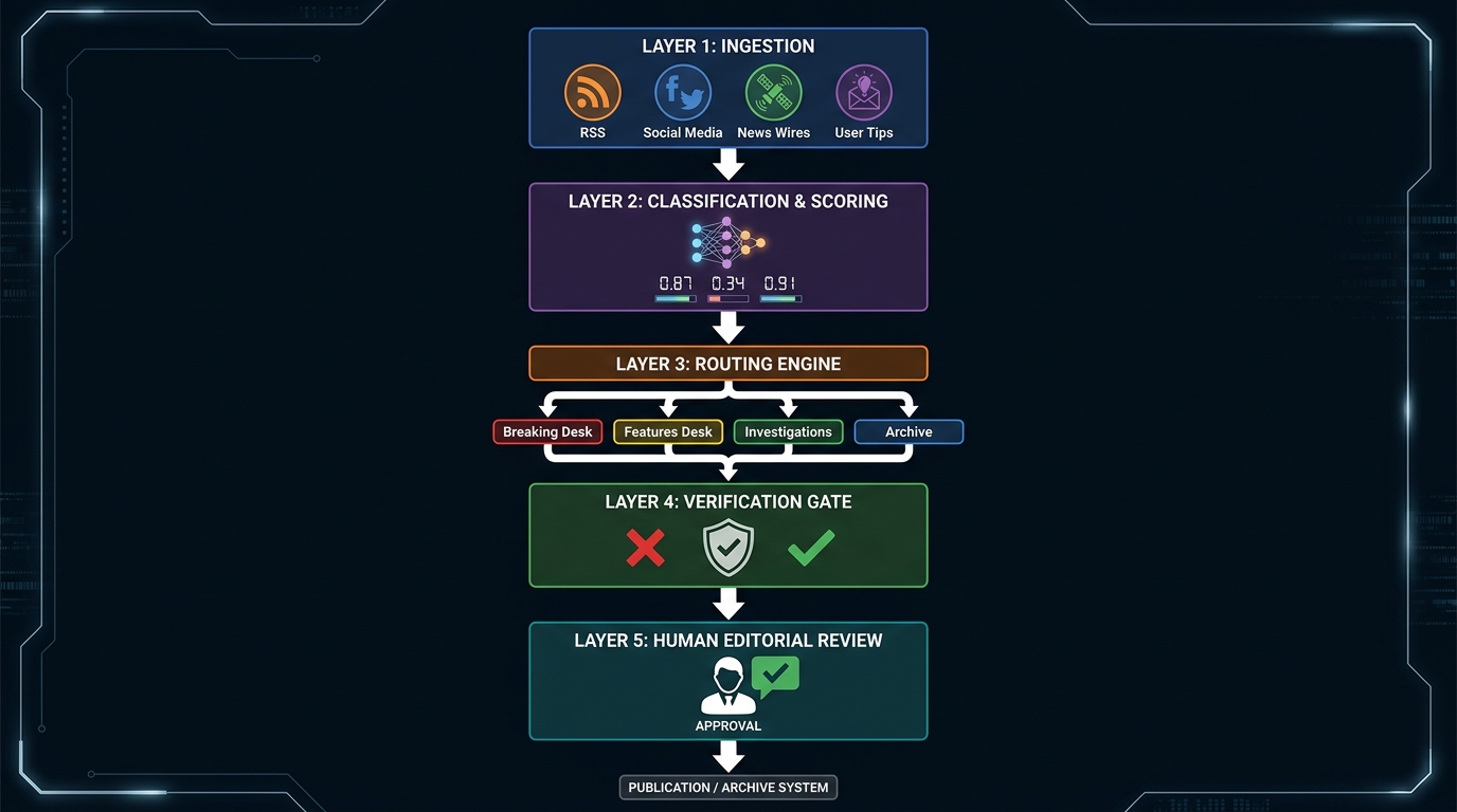 Technical architecture diagram of an AI newsroom triage stack showing five layers: Ingestion, Classification and Scoring, Routing Engine, Verification Gate, and Human Editorial Review, each with labeled inputs and outputs.