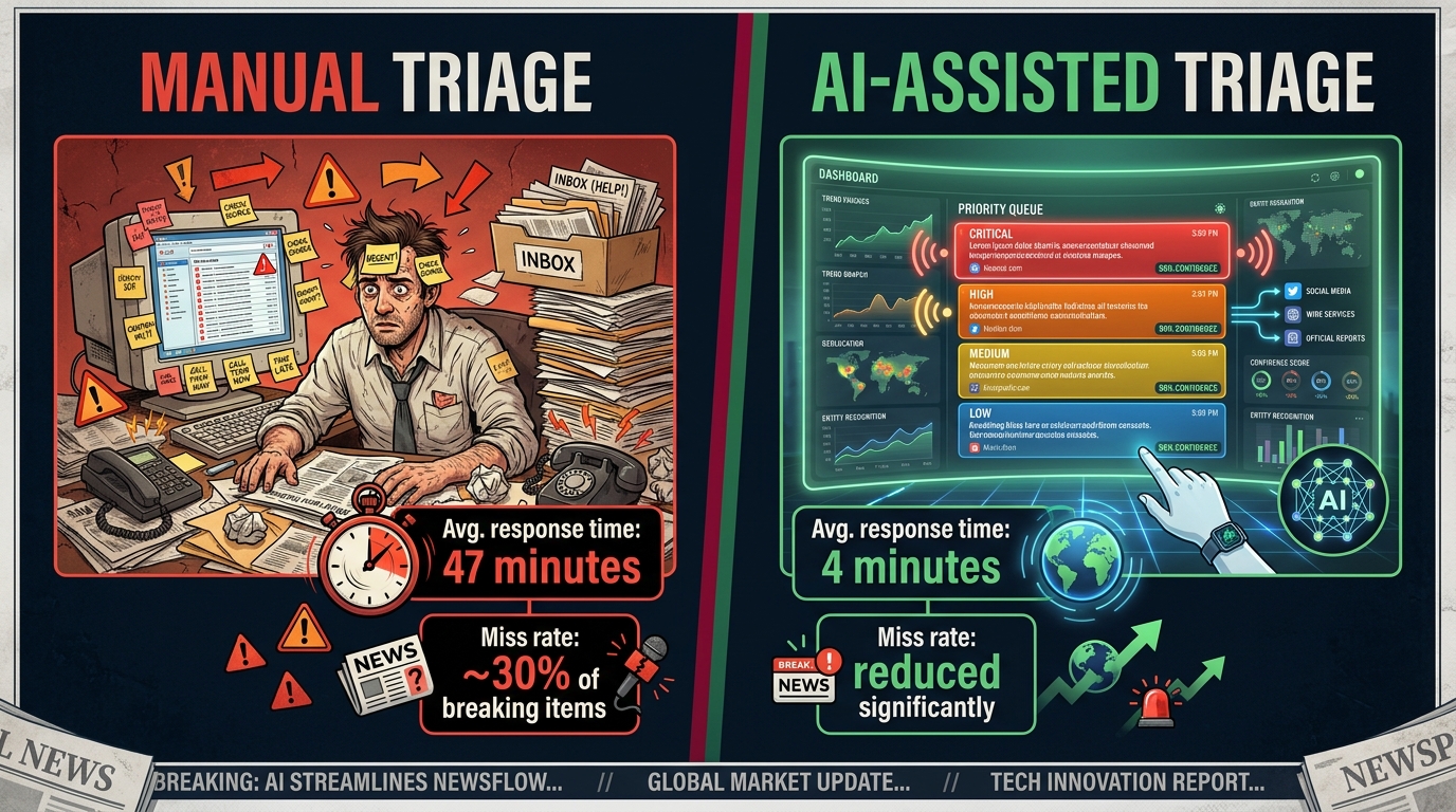 Side-by-side comparison of manual newsroom triage versus AI-assisted triage, showing the dramatic difference in response time and story miss rate between the two approaches.