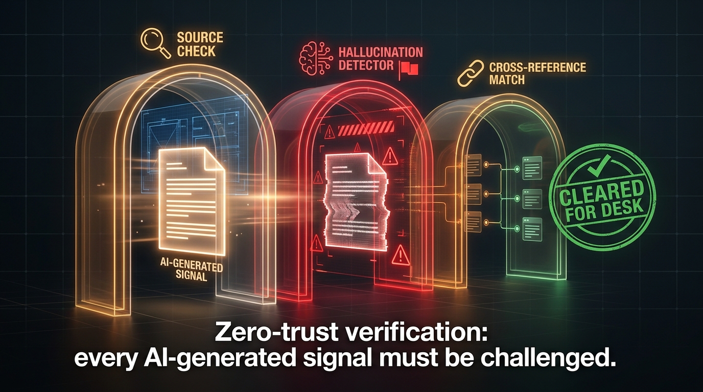 The AI newsroom verification gate concept — a news signal passing through layered security checkpoints including source check, hallucination detector, and cross-reference matching before being cleared for desk review.