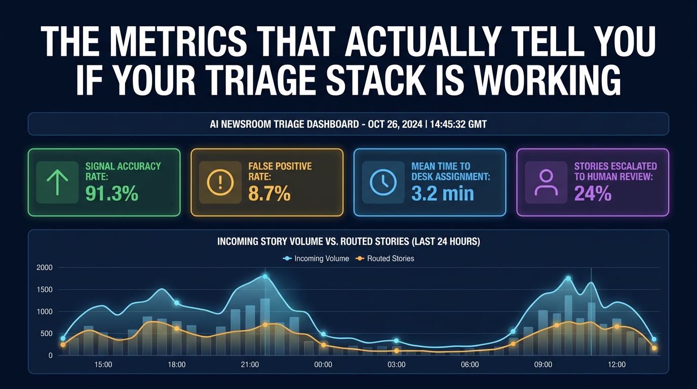 AI newsroom triage metrics dashboard showing signal accuracy rate, false positive rate, mean time to desk assignment, escalation rate, and 24-hour story volume histogram.