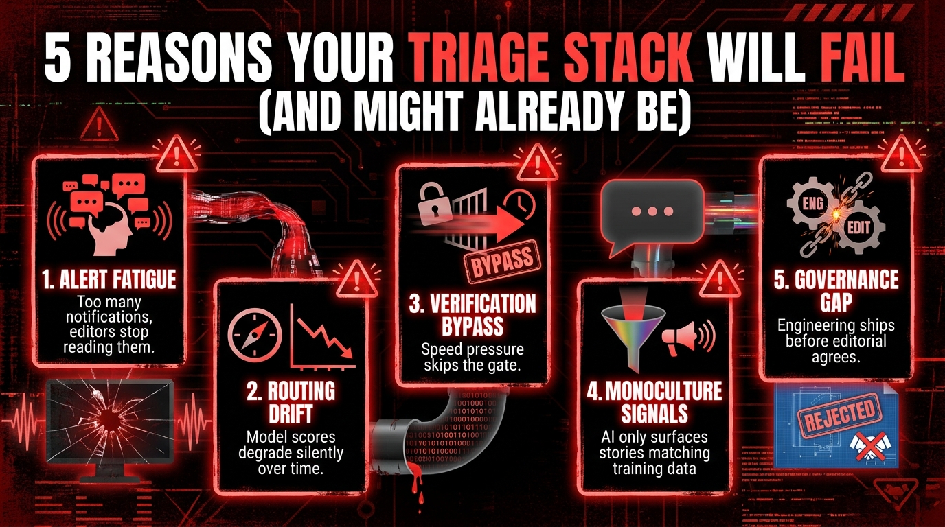 Warning-style infographic showing five common AI newsroom triage stack failure modes: alert fatigue, routing drift, verification bypass, monoculture signals, and governance gap.