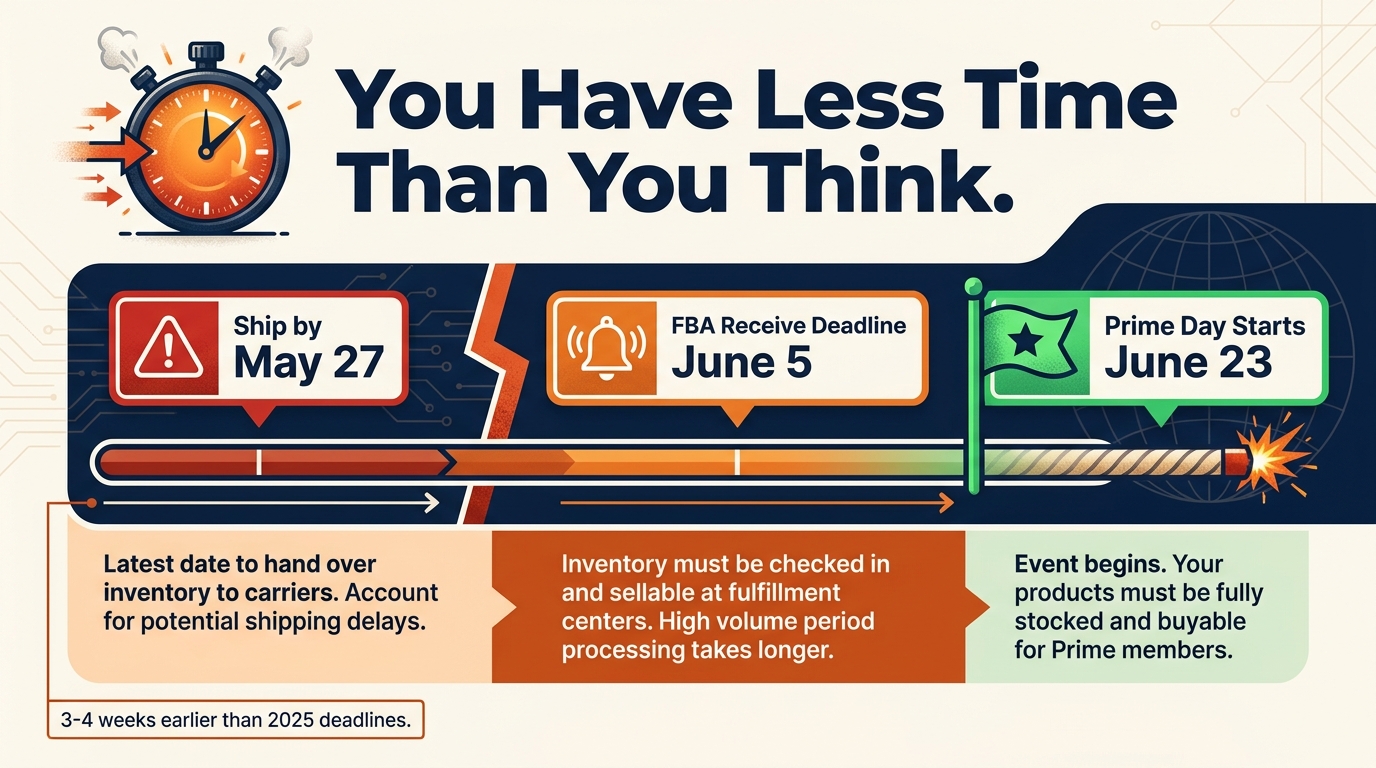 Amazon FBA inventory deadline crunch for Prime Day 2026 — ship by May 27, receive by June 5, Prime Day June 23