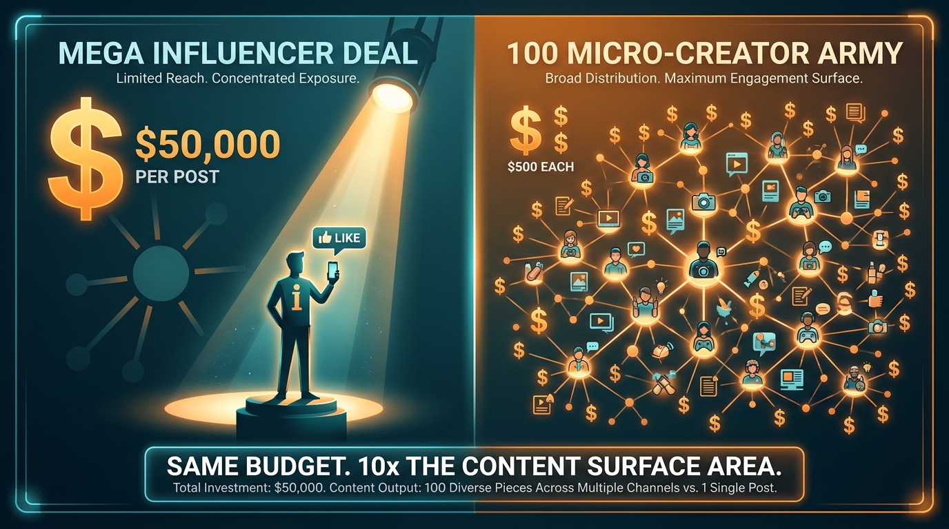 Budget comparison: mega influencer deal vs 100 micro-creator army with same budget and 10x content surface area