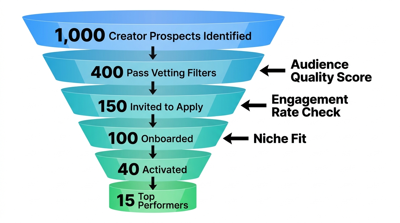 Creator recruitment funnel showing 1000 prospects narrowing to 100 onboarded and 15 top performers