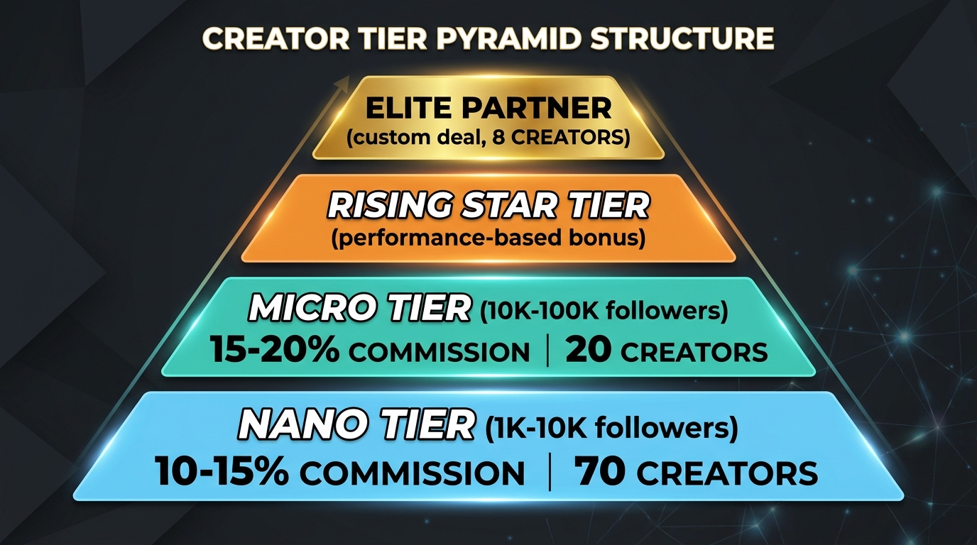 Creator affiliate tier pyramid showing nano, micro, rising star, and elite partner tiers with commission rates