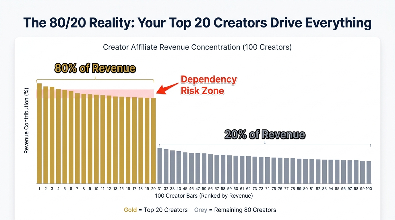 Bar chart showing 80/20 revenue concentration in creator affiliate programs with top 20 creators driving 80% of revenue