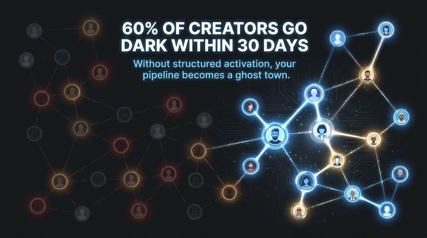 Creator network graph showing 60% of creators going dark within 30 days of program enrollment