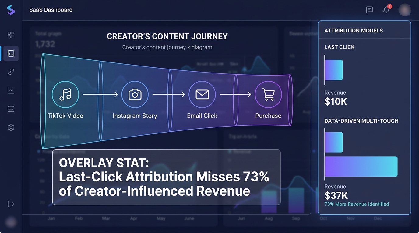 Multi-touch attribution dashboard showing creator content journey from TikTok to purchase with last-click vs data-driven model comparison