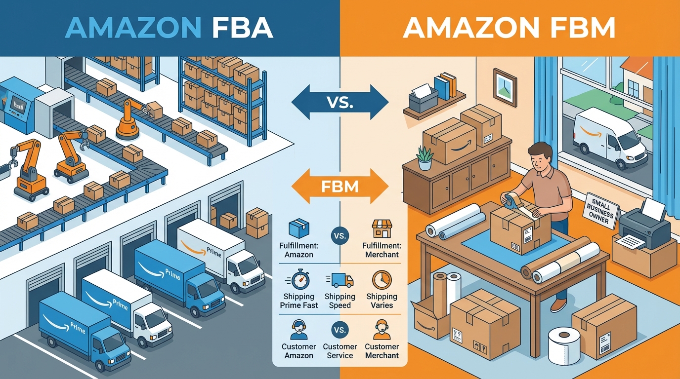 Illustration comparing Amazon FBA fulfillment with warehouses and Prime delivery trucks versus FBM home-based seller packing orders