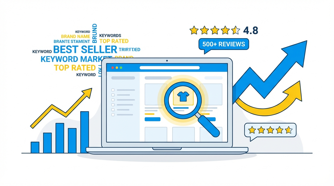 Amazon product research illustration with magnifying glass over listings, keyword data, review counts, and market trend charts on a laptop screen