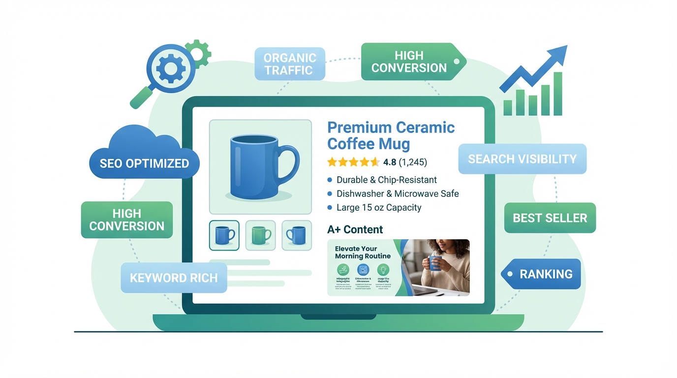 Amazon listing optimization with keyword-rich bullet points, high-quality product images, A+ content modules, and star reviews on a laptop screen