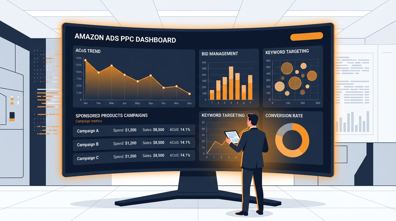 Amazon PPC advertising dashboard showing Sponsored Products campaign data, ACoS metrics, keyword targeting graphs, and conversion rate analytics