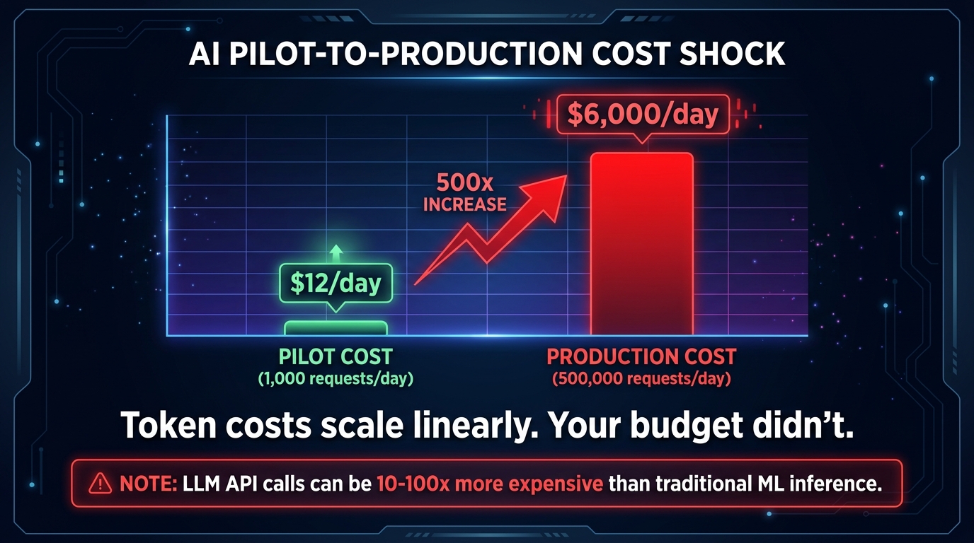 Bar chart showing the dramatic difference between pilot inference costs at 1,000 requests per day versus production costs at 500,000 requests per day, illustrating how token costs scale linearly