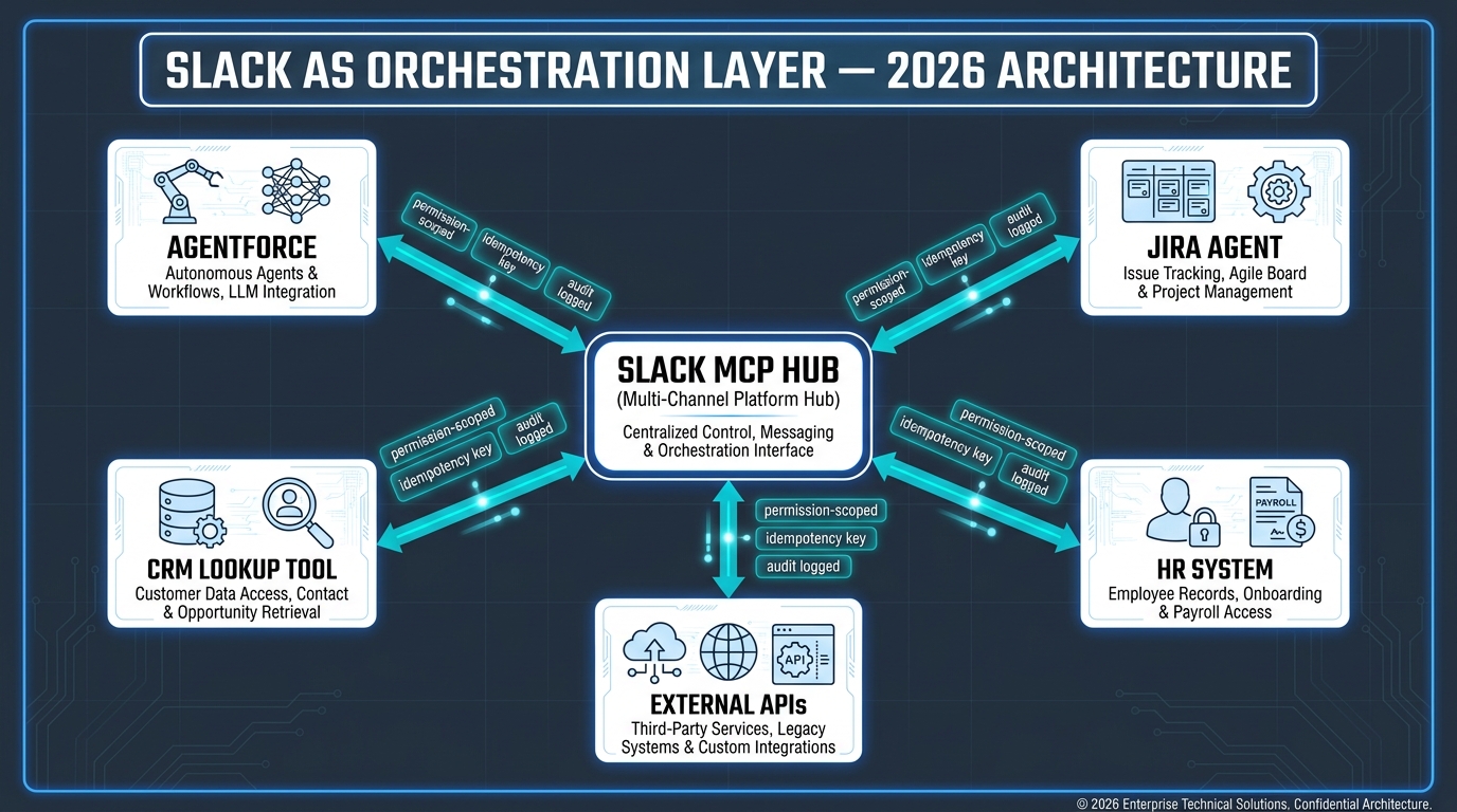 Slack MCP architecture diagram showing Slack as a central orchestration hub connecting Agentforce, Jira, CRM, HR systems, and external APIs with permission-scoped, idempotency-keyed, audit-logged connections