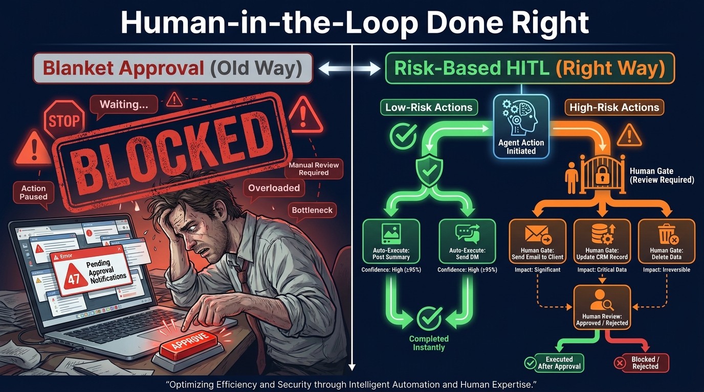 Risk-based human-in-the-loop design: green auto-execute paths for low-risk actions vs. orange human gate paths for irreversible high-impact actions — split infographic