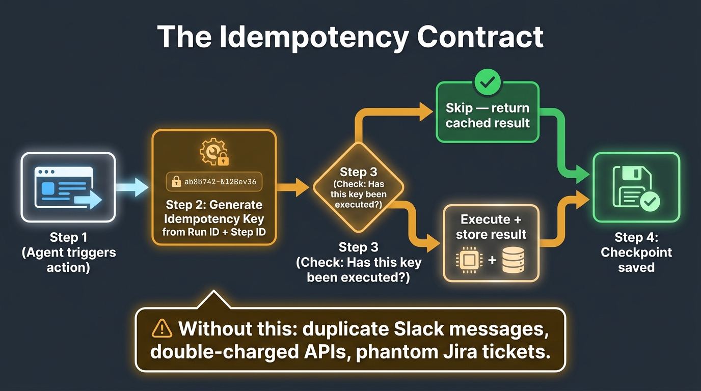 Idempotency pipeline for Slack AI agent workflows — step-by-step diagram showing idempotency key generation, check-before-execute logic, and checkpoint saving to prevent duplicate messages and phantom tickets