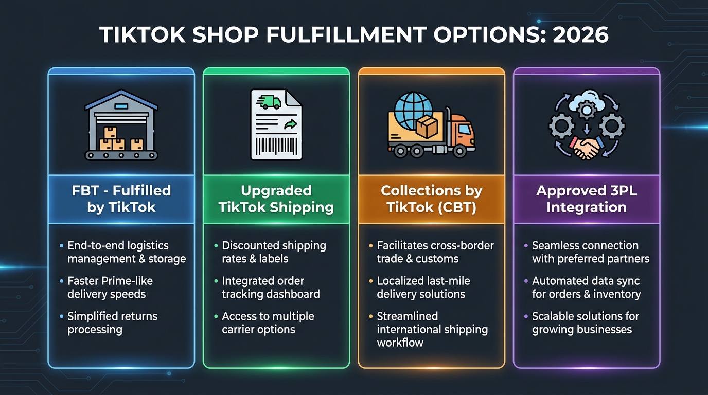 TikTok Shop four fulfillment options infographic - FBT, Upgraded TikTok Shipping, Collections by TikTok, Approved 3PL Integration