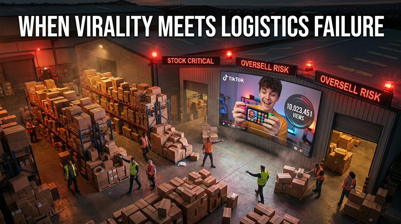 TikTok viral demand spike overwhelming warehouse fulfillment - stock critical oversell risk warning