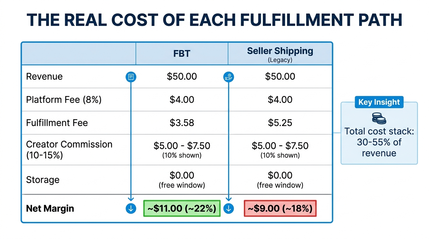 TikTok Shop fulfillment cost comparison - FBT vs Seller Shipping margin math showing 30-55% total cost stack