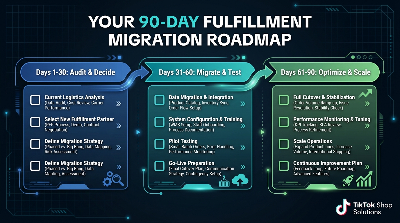 TikTok Shop 90-day logistics migration roadmap - three phases audit decide migrate test optimize scale