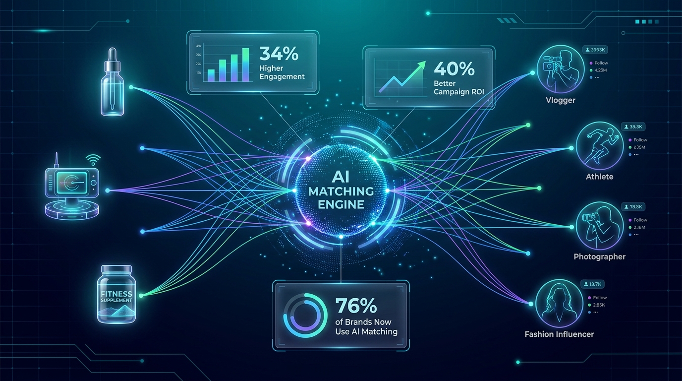 AI network graph connecting product icons to creator profiles with floating stat callouts showing 34% higher engagement and 40% better campaign ROI