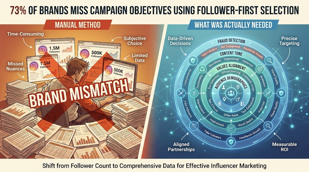 Split-screen infographic showing the flaws of manual influencer selection vs. what data-driven matching actually requires, with 73% brand objective miss rate callout