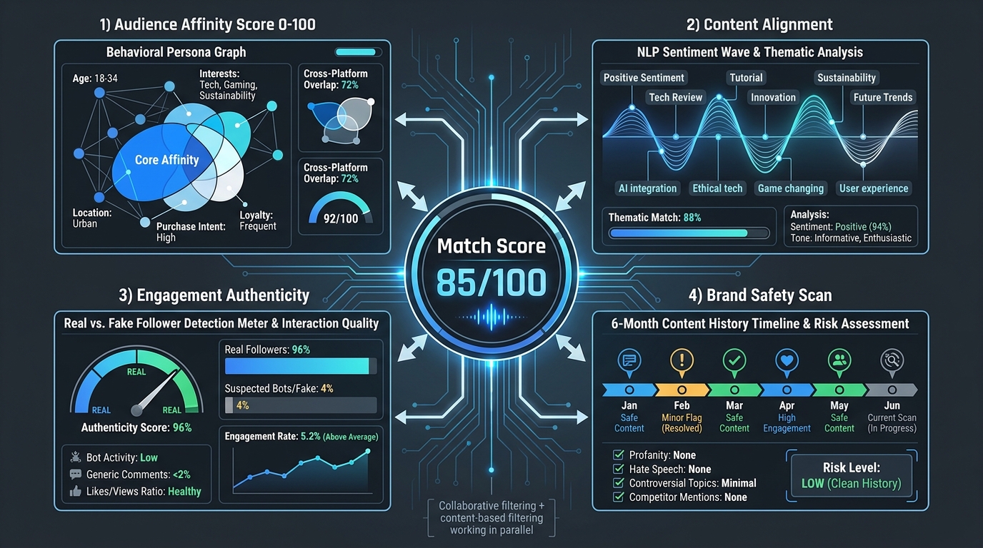 Technical diagram showing AI creator matching algorithm quadrants: Audience Affinity Score, Content Alignment NLP, Engagement Authenticity detection, and Brand Safety Scan