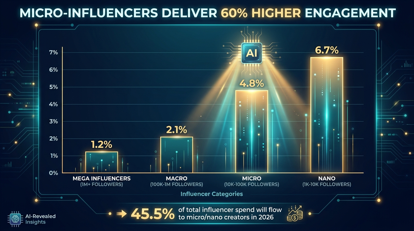 Bar chart showing engagement rates by creator tier: Nano creators at 6.7%, Micro at 4.8%, Macro at 2.1%, Mega at 1.2% — with headline: Micro-Influencers Deliver 60% Higher Engagement