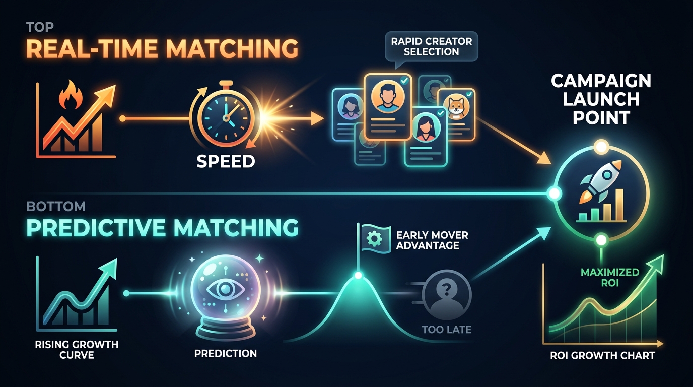 Timeline diagram comparing Real-Time Matching (speed to trend) vs. Predictive Matching (early mover advantage with rising creator discovery), both converging at campaign launch ROI