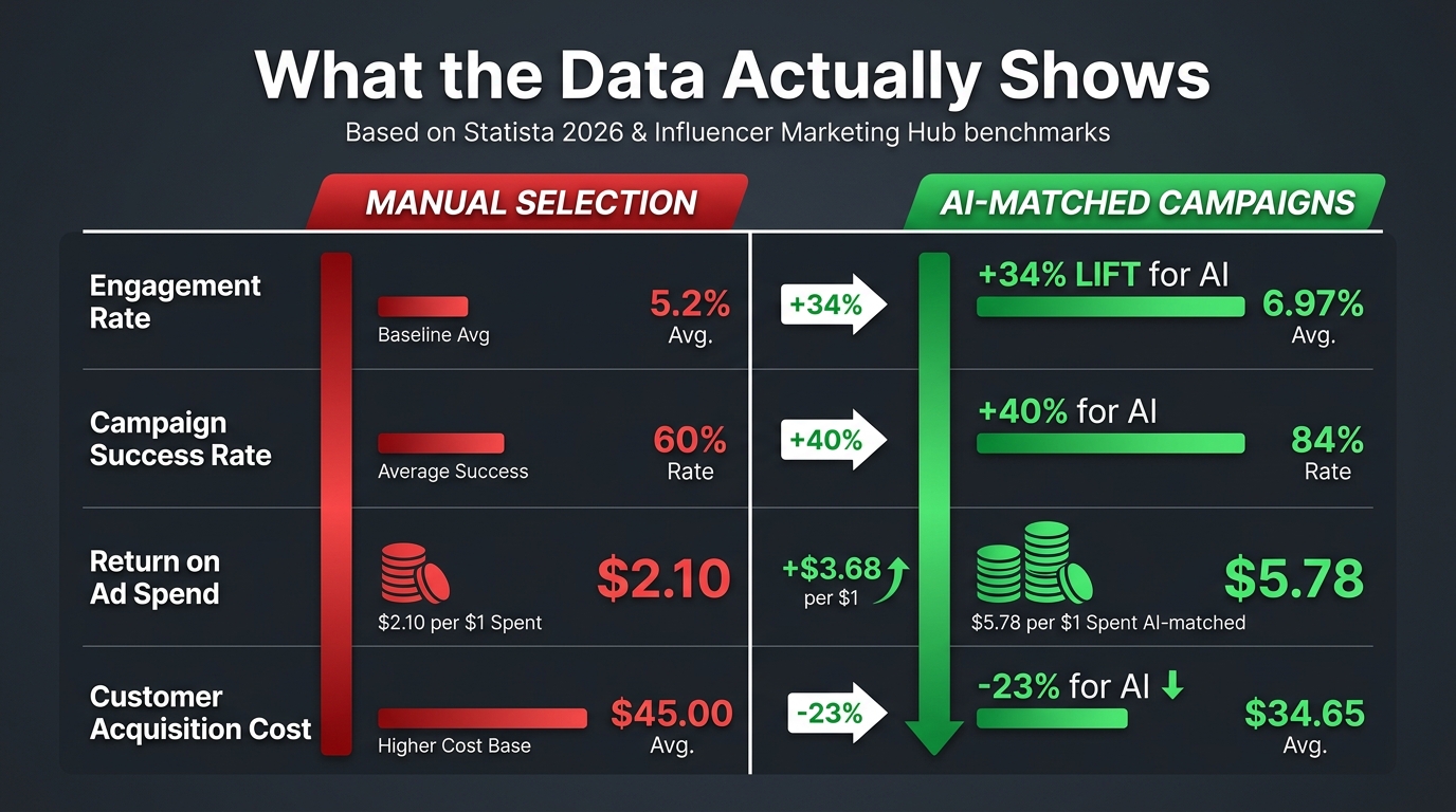Performance benchmark scorecard comparing AI-matched campaigns vs manual selection across engagement rate, campaign success rate, ROAS, and customer acquisition cost
