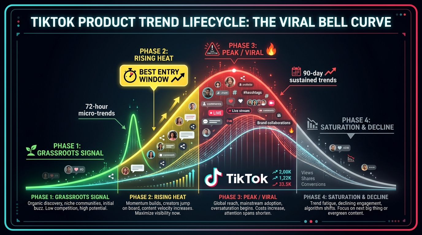 TikTok product trend lifecycle bell curve showing four phases: Grassroots Signal, Rising Heat (best entry window), Peak/Viral, and Saturation