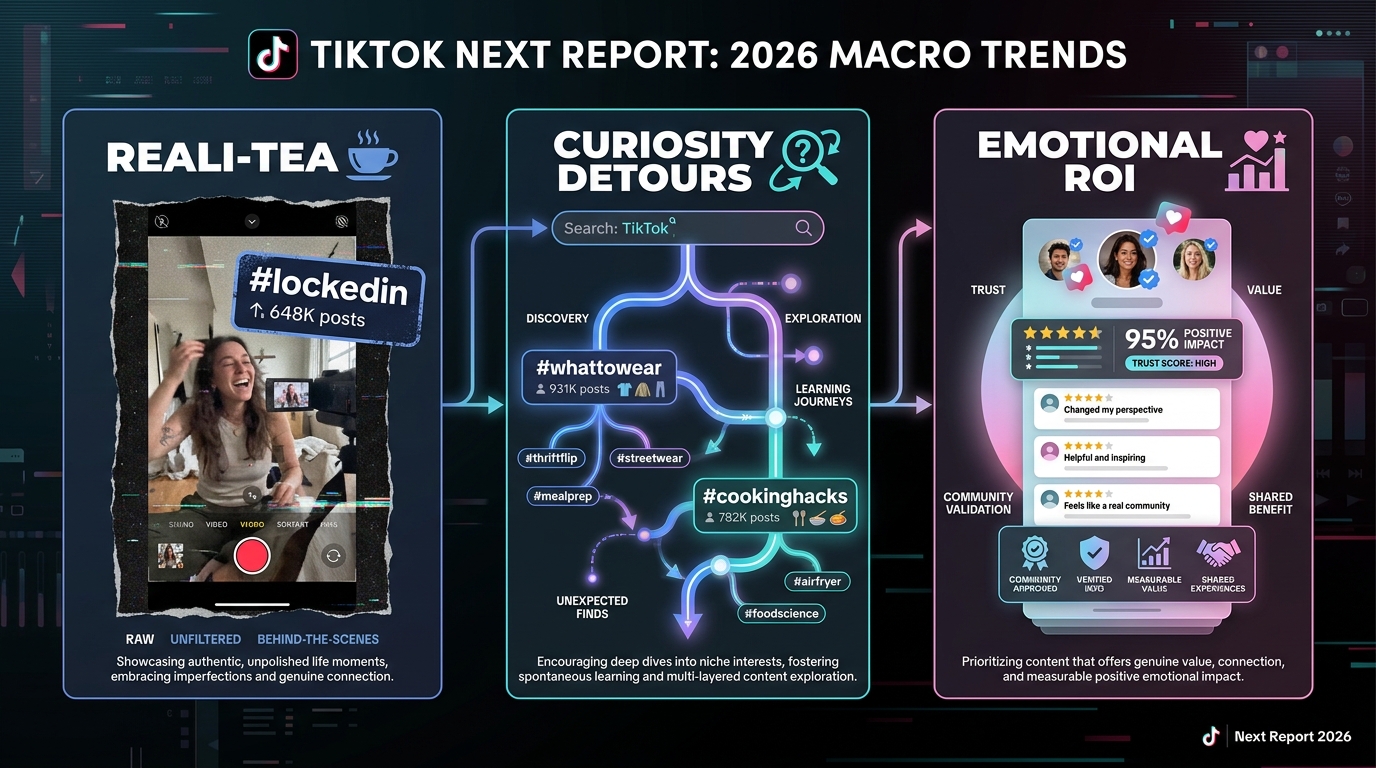 TikTok Next 2026 three macro trends: Reali-TEA, Curiosity Detours, and Emotional ROI visualized