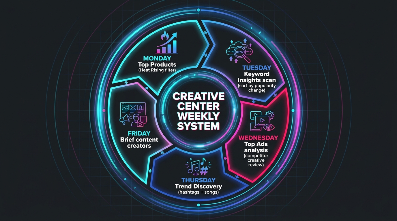 Weekly TikTok Creative Center research workflow: five-step circular system from Monday product check to Friday creator briefing