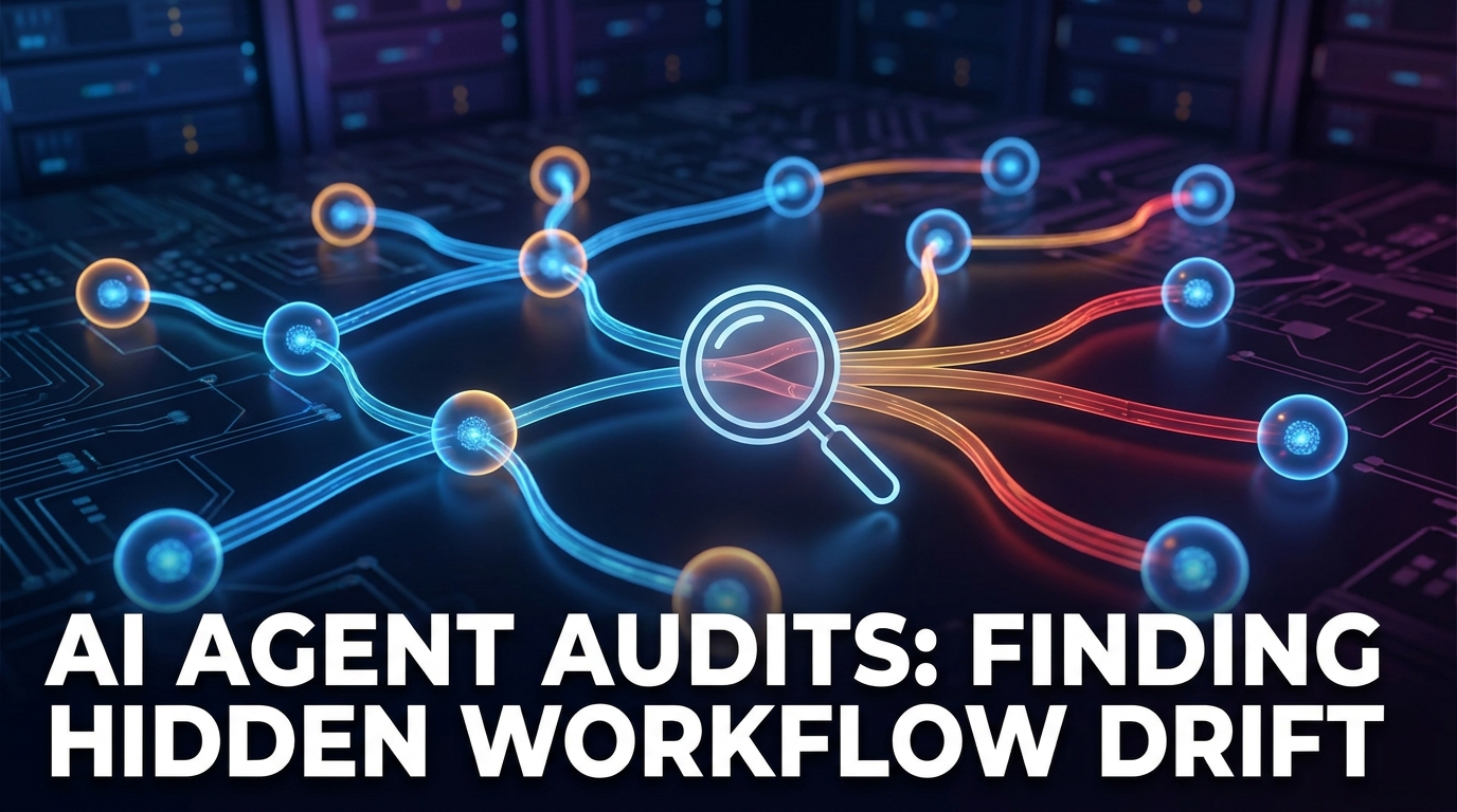 AI agent audit hero image showing network of interconnected agent nodes with healthy blue pathways and drifting amber-red pathways, illustrating hidden workflow drift