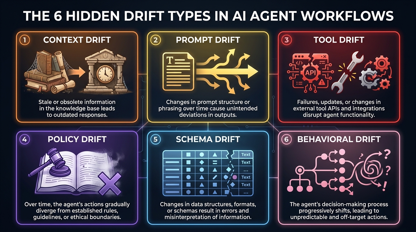 Infographic showing the 6 types of AI agent drift: context drift, prompt drift, tool drift, policy drift, schema drift, and behavioral drift