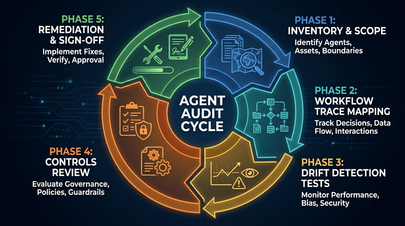 Five-phase AI agent audit framework shown as a circular process wheel with phases: Inventory and Scope, Workflow Trace Mapping, Drift Detection Tests, Controls Review, and Remediation and Sign-Off