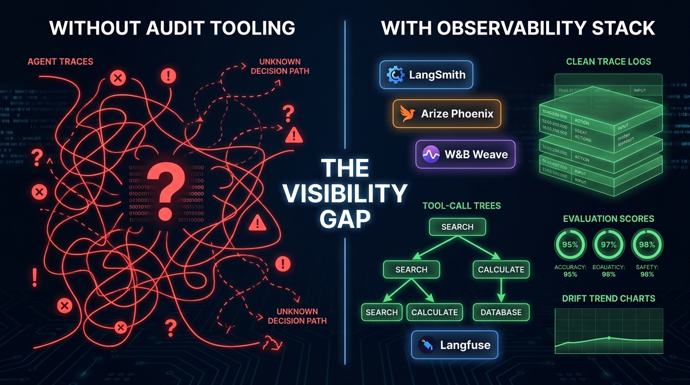 Comparison showing AI agent observability stack with and without audit tooling, featuring LangSmith, Arize Phoenix, W&B Weave, and Langfuse