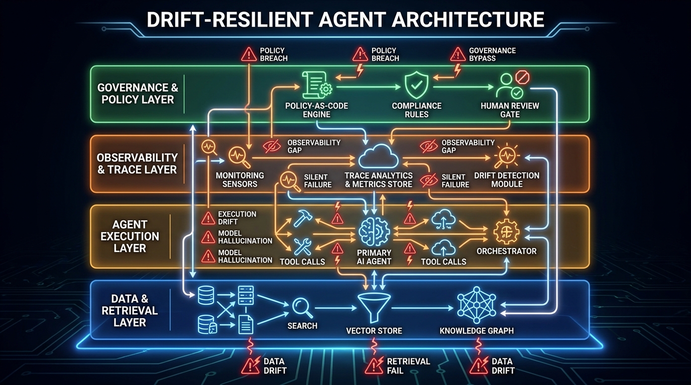Architecture diagram showing drift-resilient AI agent system with four layers: data and retrieval, agent execution, observability and trace, and governance and policy layers