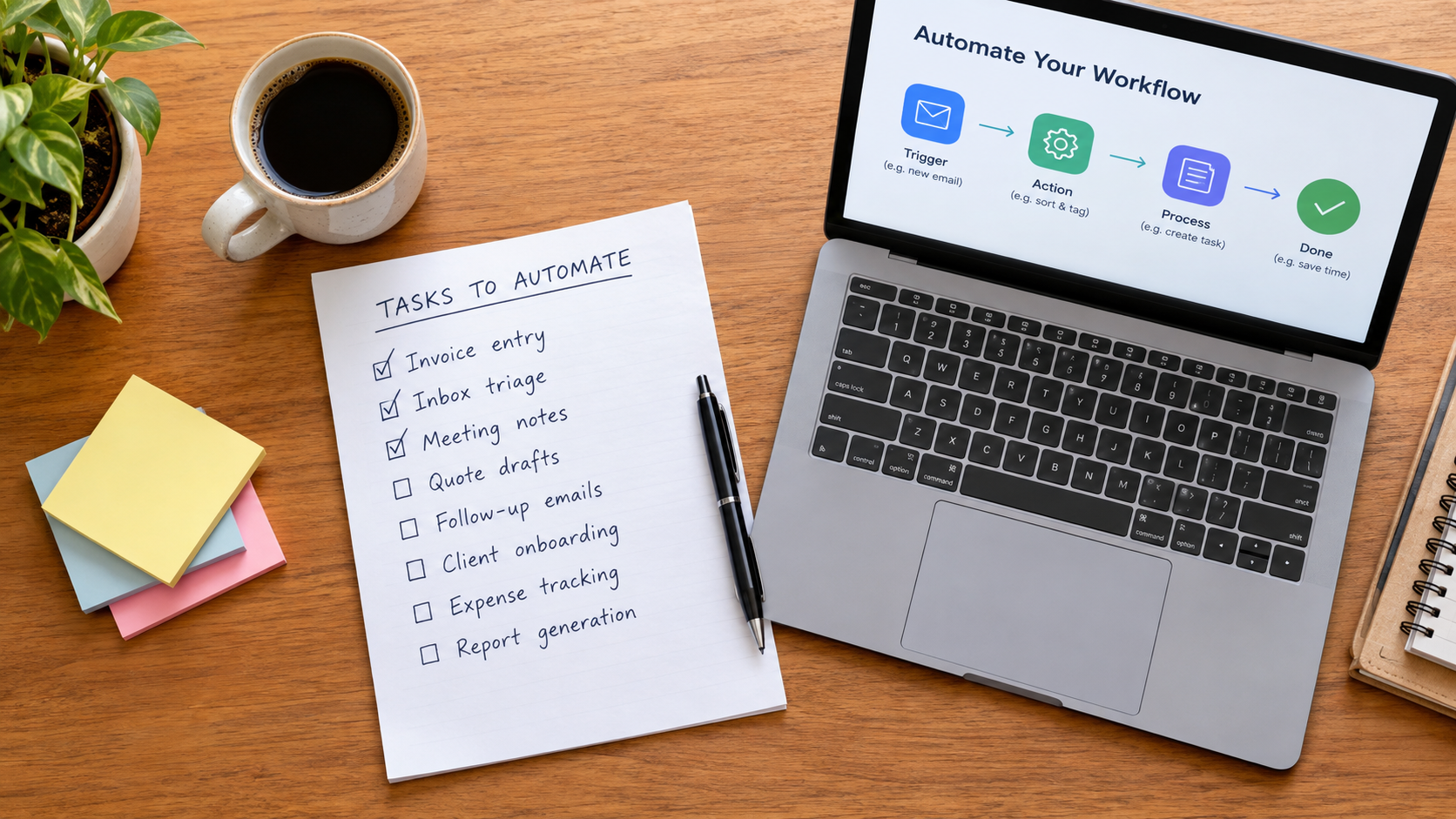 A small business owner's desk with a handwritten checklist titled Tasks to Automate, listing invoice entry, inbox triage, meeting notes and quote drafts