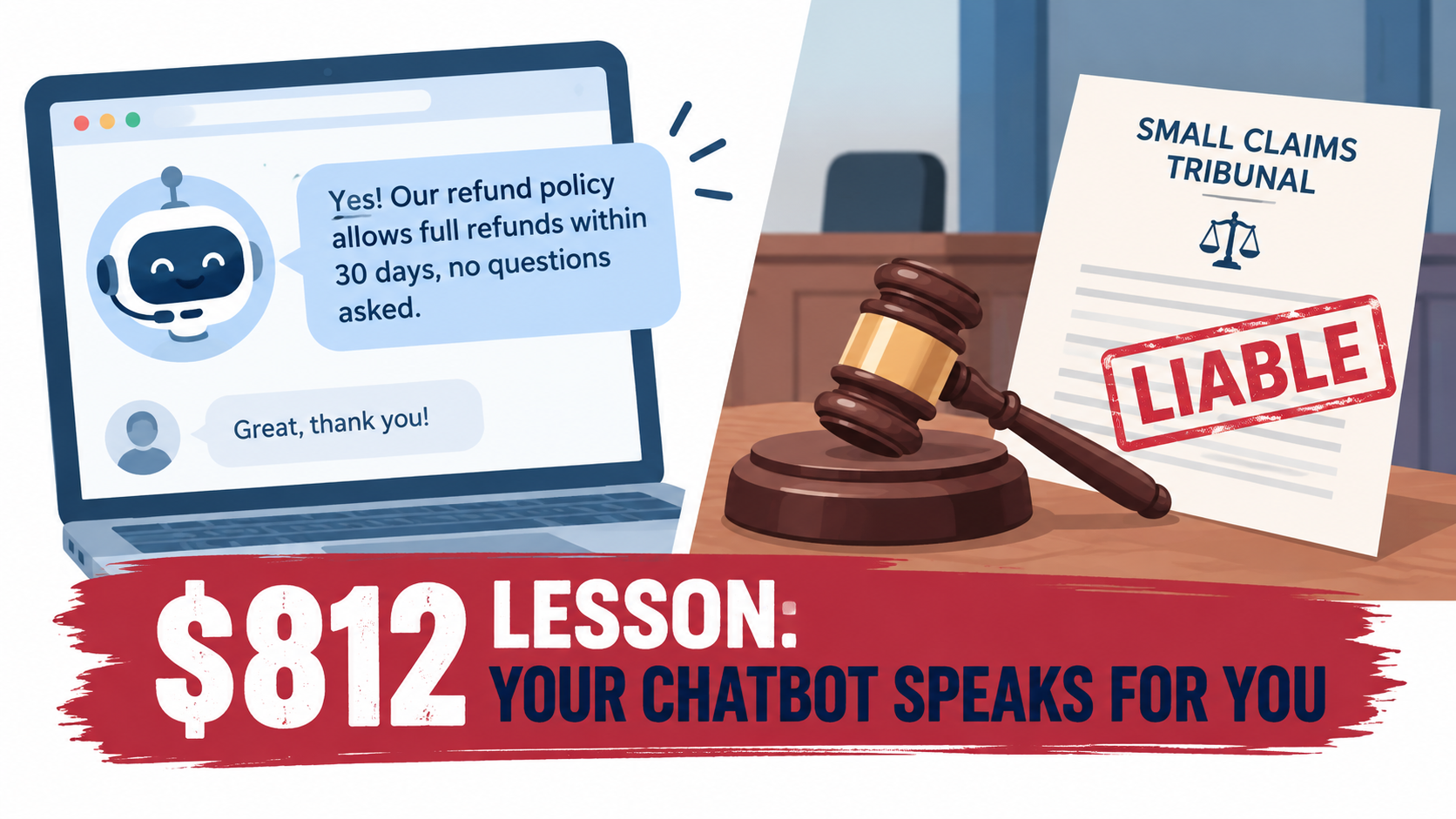 Illustration of a website chatbot giving a wrong refund answer next to a tribunal gavel, with the text $812 lesson: your chatbot speaks for you
