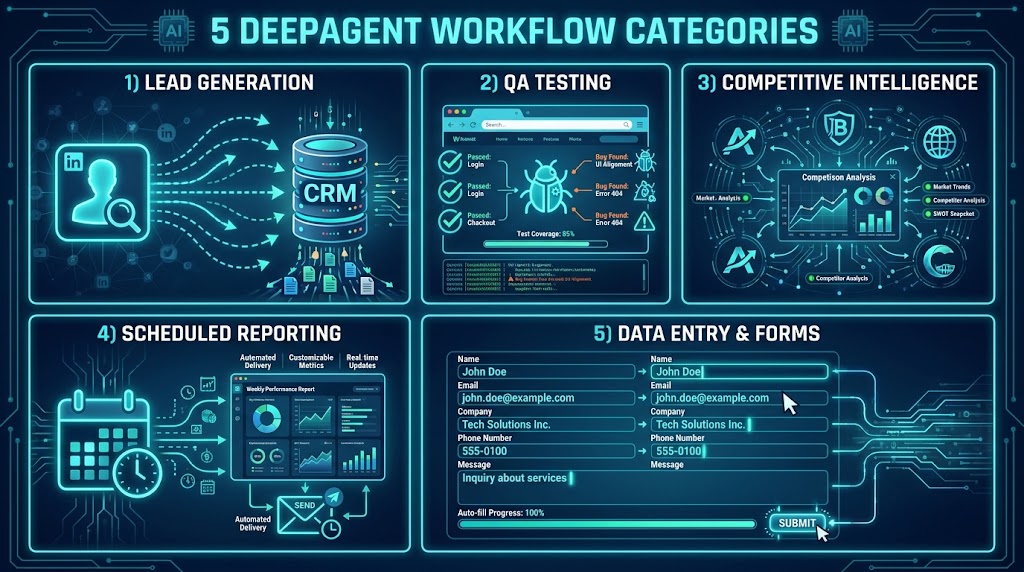 Five DeepAgent workflow categories: lead generation, QA testing, competitive intelligence, scheduled reporting, and data entry