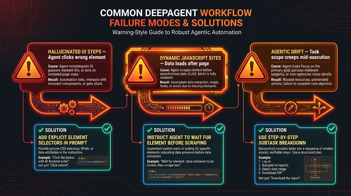 DeepAgent workflow failure modes and solutions — hallucinated UI steps, dynamic JavaScript sites, agentic drift with fixes