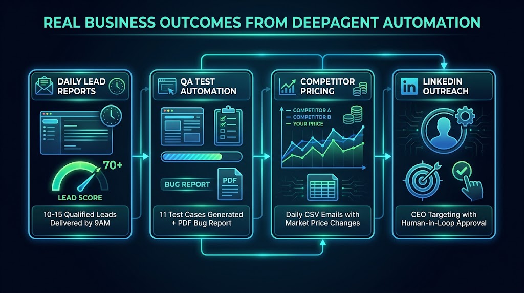 Real business outcomes from DeepAgent automation: daily leads by 9AM, QA test reports, competitor pricing CSVs, LinkedIn outreach