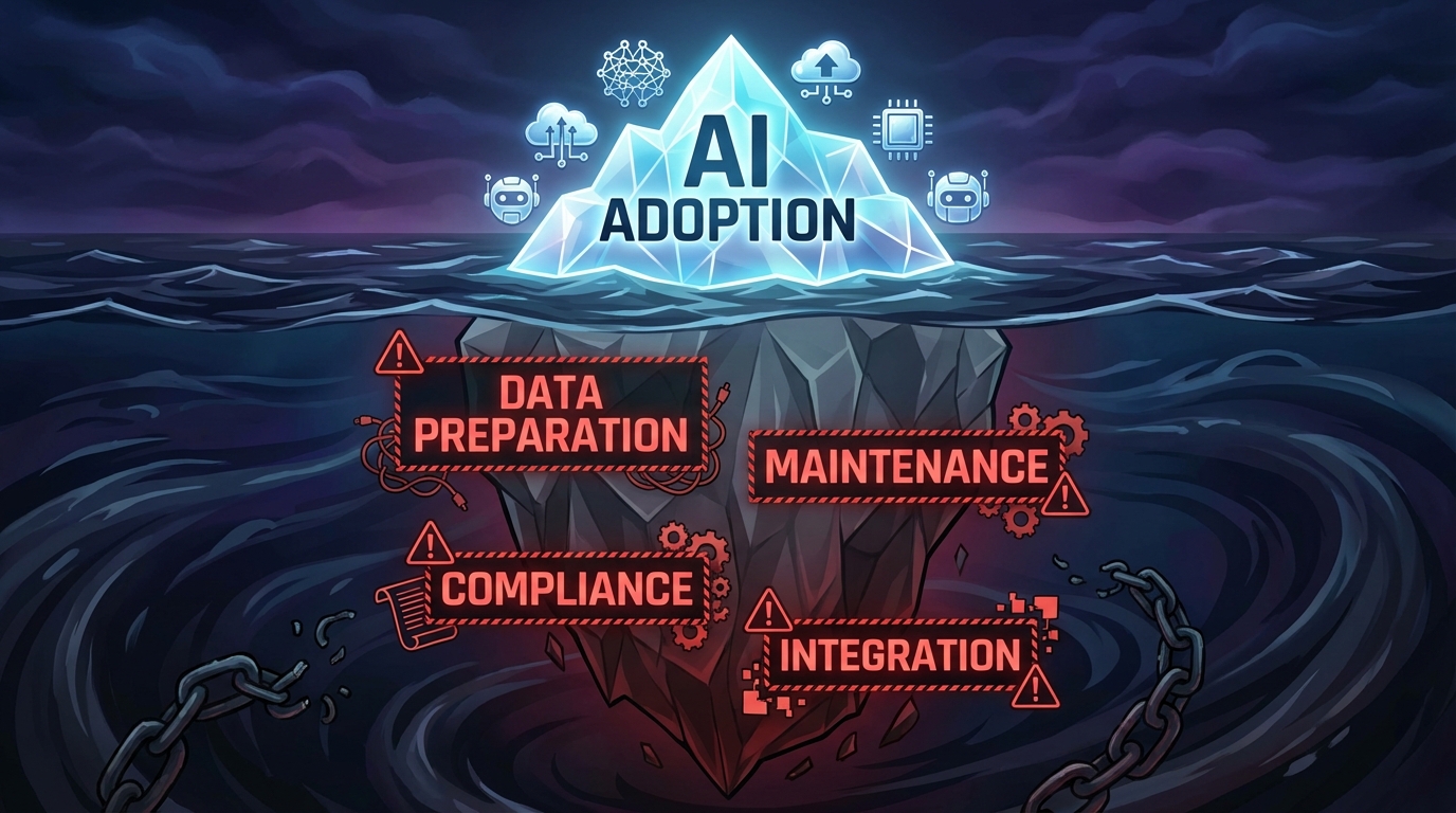 The AI automation cost iceberg showing visible adoption costs above water and massive hidden expenses including data preparation, maintenance, compliance and integration costs below the surface