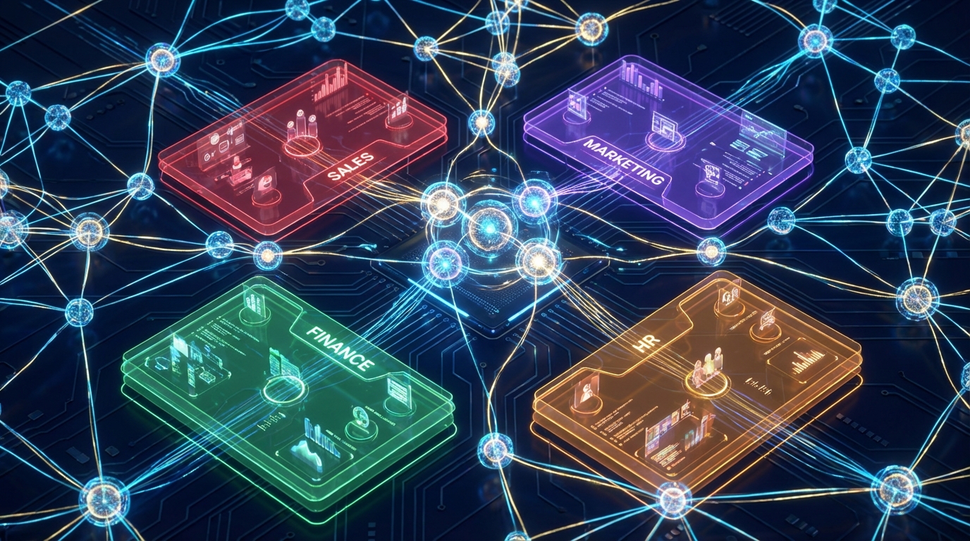 Futuristic AI orchestration hub showing multiple AI agents as interconnected nodes coordinating across sales, marketing, finance, and HR departments with data streams flowing between them