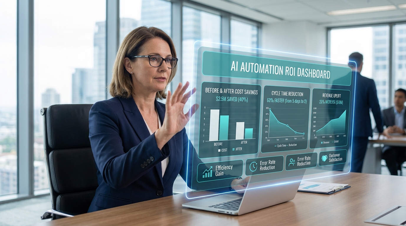 A business professional reviewing AI automation ROI metrics on a holographic dashboard showing before and after comparisons of cost savings, cycle time reductions, and revenue uplift