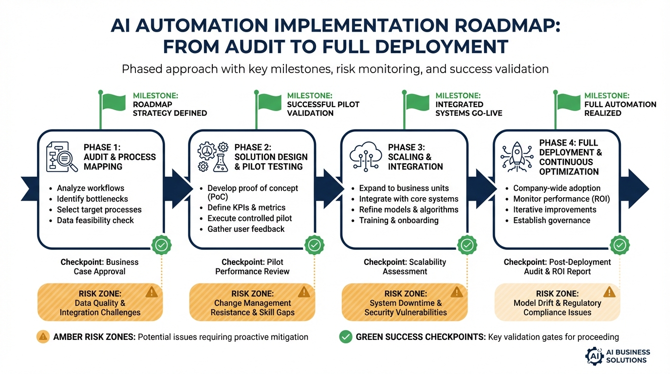 A business AI automation implementation roadmap timeline showing phases from initial audit and process mapping through pilot testing to full deployment, with risk zones and success checkpoints clearly marked
